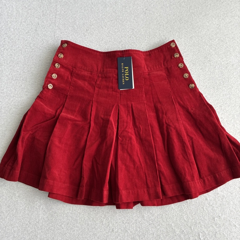 Polo Ralph Lauren Girls Corduroy Skirt Size 14 Pleated Side Buttons Preppy Red